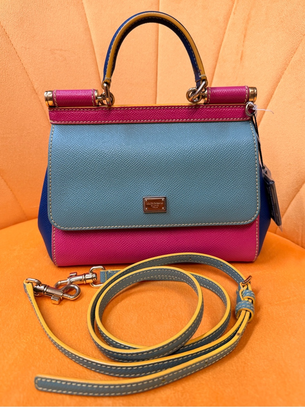 Dolce & Gabbana Sicily (Mini) Pink, Blue & Teal Colorblock Leather Satchel